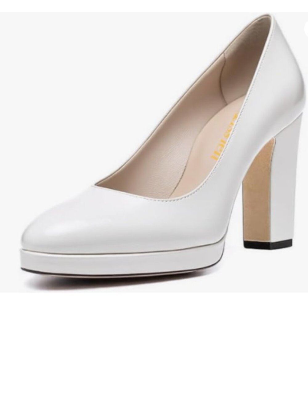 miss left White Platform Closed Almond Toe Pumps Classic Slip On Block Heel Shoe